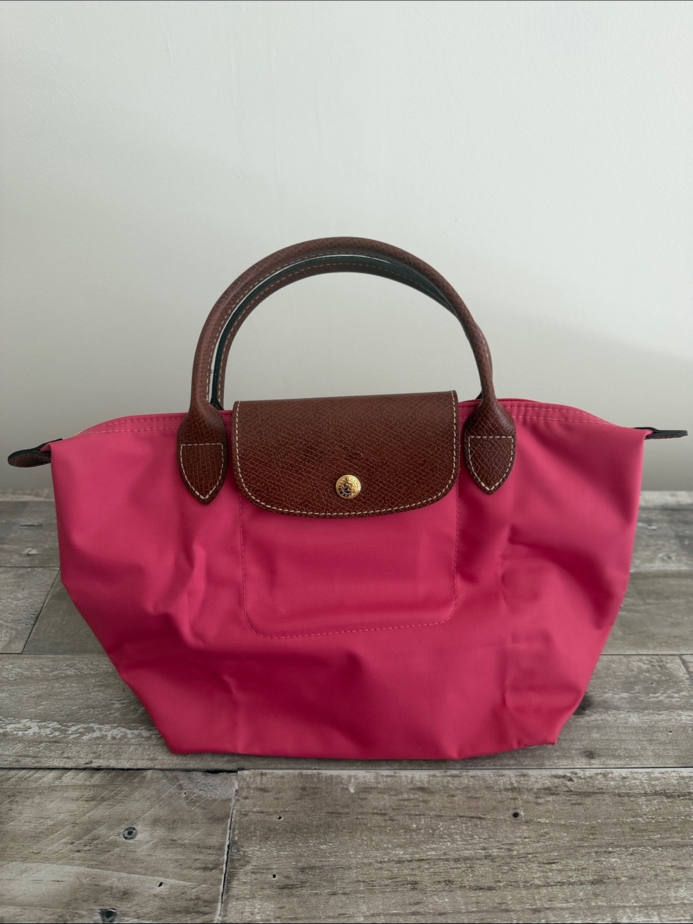 Longchamp Small Tote in Fuchsia with Brown Trim